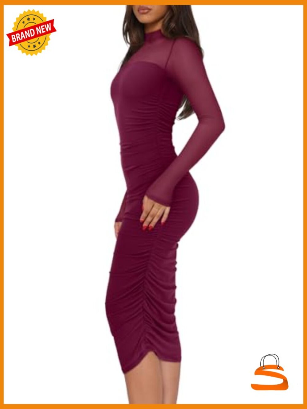 Mesh Sheer Long Sleeve Midi Ruched Bodycon Dress Mock Neck Evening Party - Picture 2 of 7